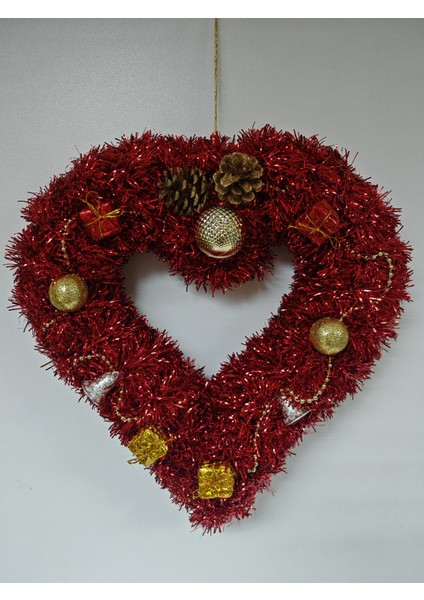 Yılbaşı Kapı Süsü Kalp Şeklinde Yeni Yıl Noel Dekoratif Kapı Süsü - 33 cm - KS027