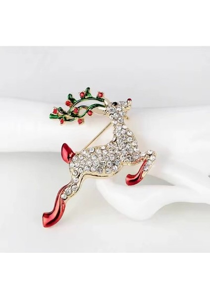 Kırmızı Detaylı Taşlı Geyik Broş