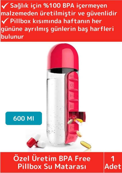 Premium Uzun Ömürlü %100 Bpa Free Hap Bölmeli Ilaç Kutusu Pillbox Su Matarası 600 ml Suluk