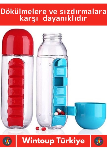 Premium Uzun Ömürlü %100 Bpa Free Hap Bölmeli Ilaç Kutusu Pillbox Su Matarası 600 ml Suluk fiyatları
