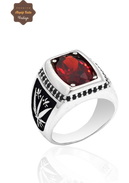 Yakut Taşlı Yaprak Model 925 Ayar Gümüş Erkek Yüzük 201023425