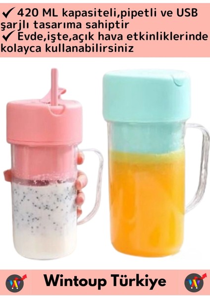 Taşınabilir Ev Iş Gündelik Kullanım Milkshake Meyve Sıkacağı USB Şarjlı Pipetli Bardak Blender 420ML