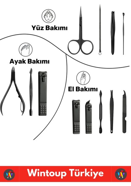 Premium Yüksek Kaliteli Çelik El Yüz Ayak Bakım Çantalı 12 Parça Manikür Pedikür Seti