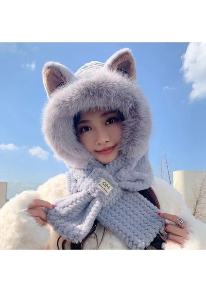 Peluş Şapka, Kadın Sonbahar ve Kış Atkı, Tek Parça Sıcak Artı Kadife Kalınlaştırılmış Atkı, Sevimli Kış Kulak Koruyucu Iki Parçalı Set (Yurt Dışından)