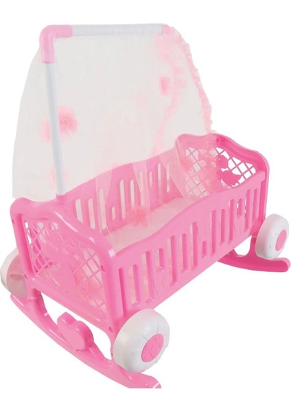 Tekerlekli Yataklı Beşik Pembe Renkli Kız Çocuklar İçin Eğlenceli Model Bebek