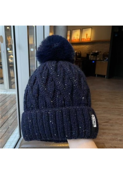 Kürk Topu Pullu Bere Kadın Sonbahar ve Kış Kalınlaşmış Sıcak Sevimli Kürk Topu Şapka Çok Yönlü Örme Şapka Modaya Uygun (Yurt Dışından)