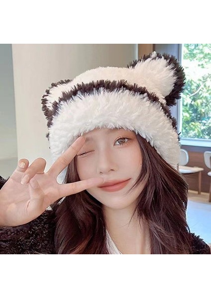 Kadınlar Için Sevimli ve Modaya Uygun Ayı Kulaklı Şapka, Sonbahar ve Kış Japon Tarzı Yüz Gösteren Küçük, Soğuğa Dayanıklı ve Sıcak Kulak Koruyucu Örme Yün Şapka (Yurt Dışından)