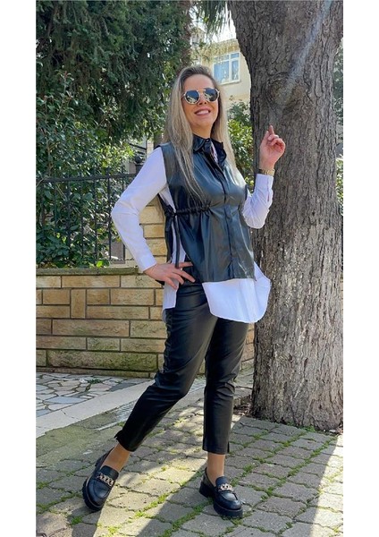 Siyah Büzgü Detaylı Deri Yelek