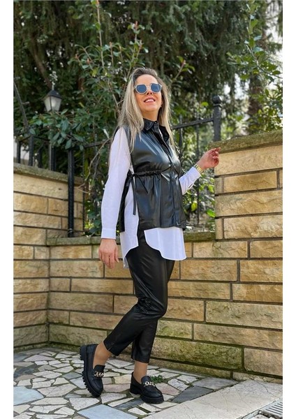 Siyah Büzgü Detaylı Deri Yelek fiyatları