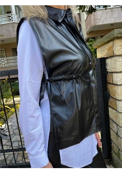 Siyah Büzgü Detaylı Deri Yelek fırsatları