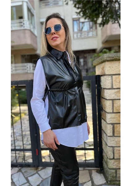 Siyah Büzgü Detaylı Deri Yelek