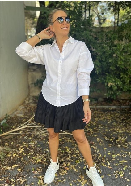 Beyaz Reglan Kollu Beli Lastik Detaylı Poplin Gömlek