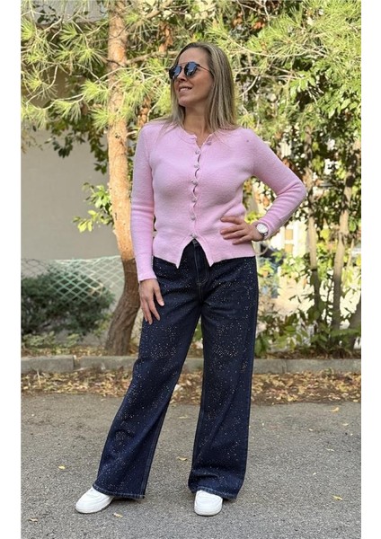 Lacivert Taş Detayl Bol Kesim Denim Pantolon
