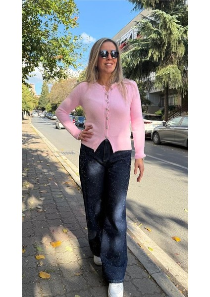 Lacivert Taş Detayl Bol Kesim Denim Pantolon modelleri