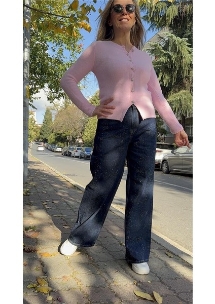 Lacivert Taş Detayl Bol Kesim Denim Pantolon fırsatları