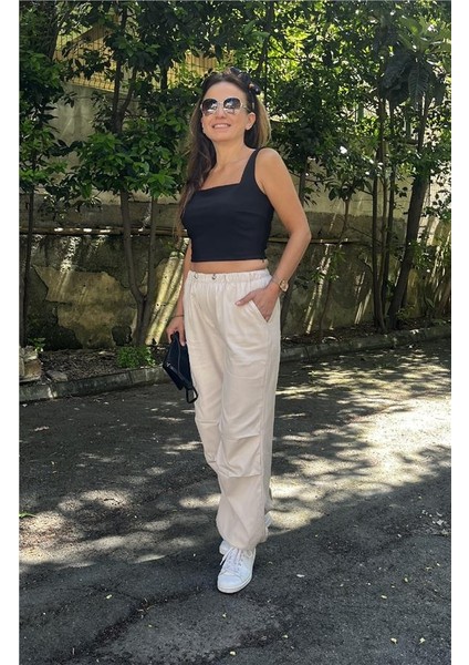 Paçası Beli Lastikli Gabardin Pantolon