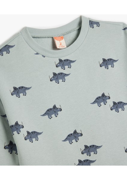 Dinozor Baskılı Bisiklet Yaka Pamuklu Sweatshirt
