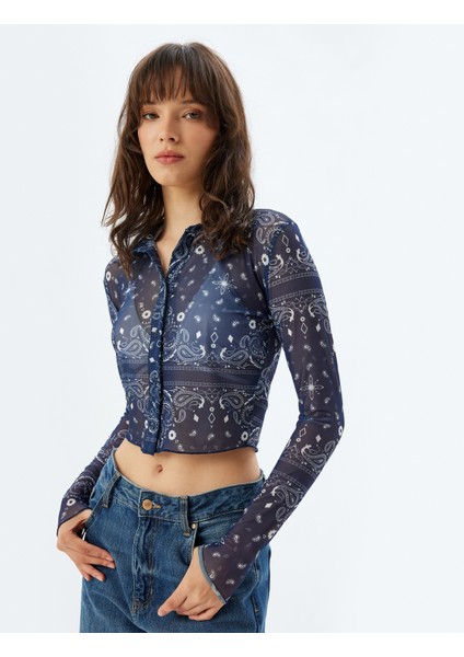 Yarı Transparan Tül Crop Gömlek Floral Desenli Uzun Kollu