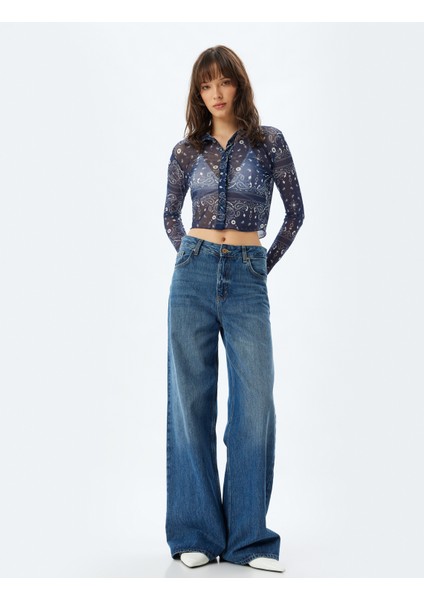 Yarı Transparan Tül Crop Gömlek Floral Desenli Uzun Kollu fiyatları