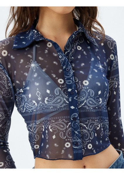 Yarı Transparan Tül Crop Gömlek Floral Desenli Uzun Kollu indirimleri