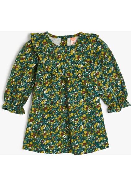 Çiçek Desenli Uzun Kollu Bisiklet Yaka Pamuklu Elbise