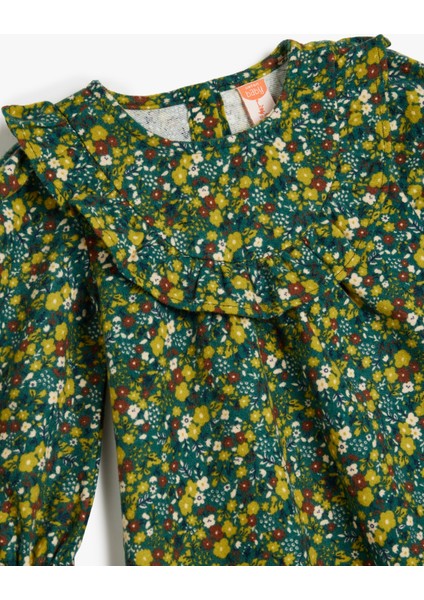 Çiçek Desenli Uzun Kollu Bisiklet Yaka Pamuklu Elbise modelleri