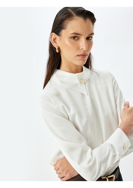 Asimetrik Yaka Düğme Detaylı Uzun Kollu Klasik Bluz