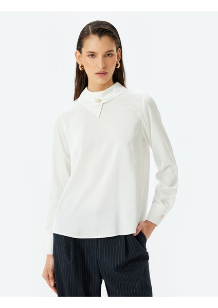 Asimetrik Yaka Düğme Detaylı Uzun Kollu Klasik Bluz modelleri