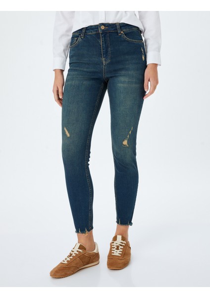 Yüksek Bel Skinny Fit Dar Paça Cepli Düğmeli Kot Pantolon - Skinny Fit Jean