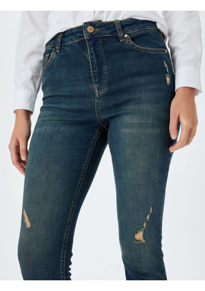 Yüksek Bel Skinny Fit Dar Paça Cepli Düğmeli Kot Pantolon - Skinny Fit Jean