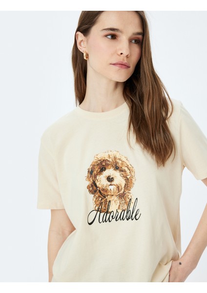 Köpek Baskılı Kısa Kollu Bisiklet Yaka T-Shirt