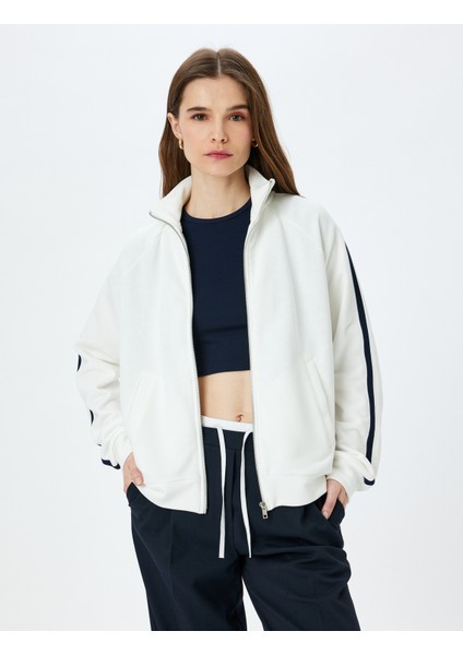 Cepli Dik Yaka Fermuarlı Çizgili Oversize Sweatshirt