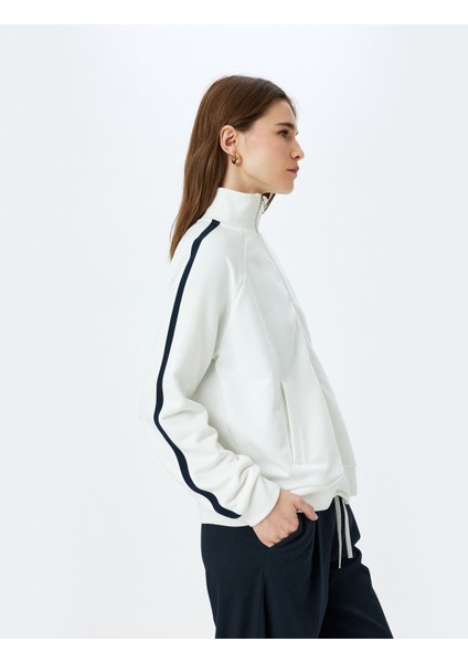 Cepli Dik Yaka Fermuarlı Çizgili Oversize Sweatshirt