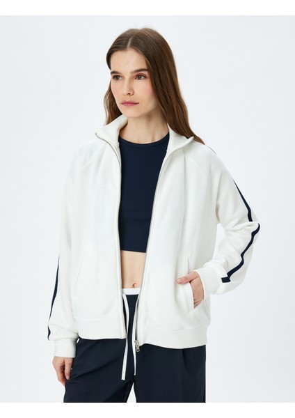 Cepli Dik Yaka Fermuarlı Çizgili Oversize Sweatshirt