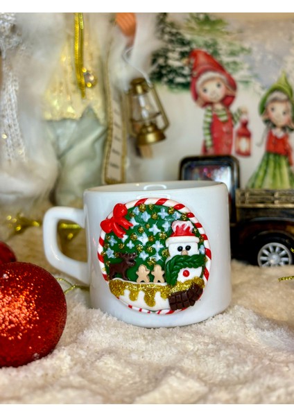 Kişiye Özel El Yapımı Kardan Adam Motifli Yılbaşı Hediyelik Porselen Kupa Mug