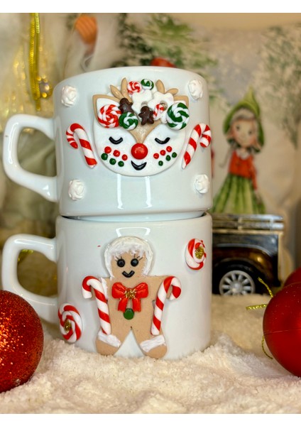 Ikili Kişiye Özel El Yapımı Kurabiye Adam & Ren Geyiği Motifli Yılbaşı Hediyelik Kupa Mug Seti
