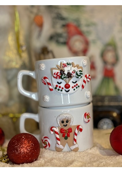 Ikili Kişiye Özel El Yapımı Kurabiye Adam & Ren Geyiği Motifli Yılbaşı Hediyelik Kupa Mug Seti