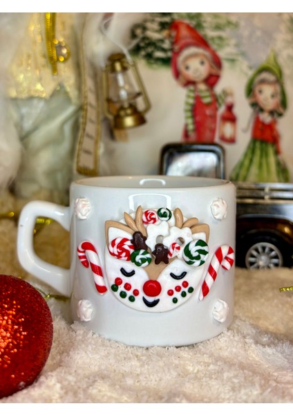 Ikili Kişiye Özel El Yapımı Kurabiye Adam & Ren Geyiği Motifli Yılbaşı Hediyelik Kupa Mug Seti