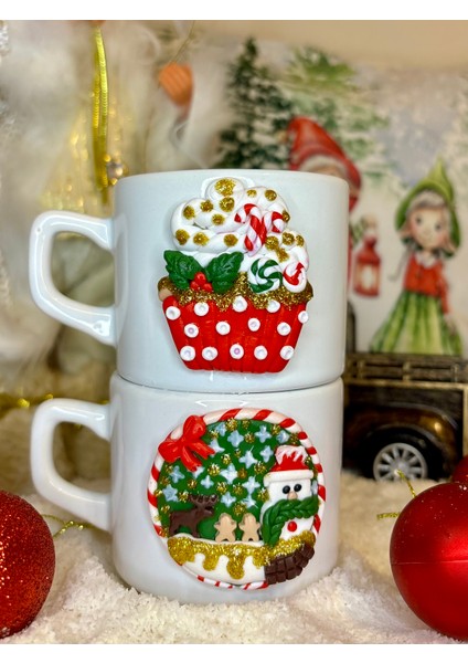 Ikili Kişiye Özel El Yapımı Cupcake & Kardan Adam Motifli Yılbaşı Hediyelik Porselen Kupa Mug Seti