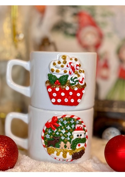 Ikili Kişiye Özel El Yapımı Cupcake & Kardan Adam Motifli Yılbaşı Hediyelik Porselen Kupa Mug Seti