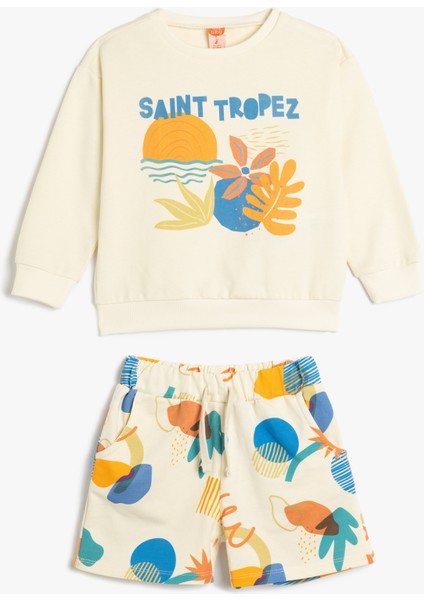 Pamuklu Baskı Detaylı Şort ve Sweatshirt Set