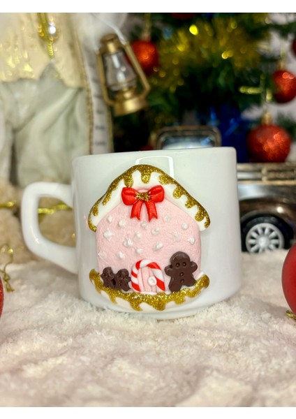 Kişiye Özel El Yapımı Şeker Ev Motifli Yılbaşı Hediyelik Porselen Kupa Mug