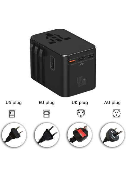 45W Şarj Cihazı ve 2x USB ve 3x Type-C Girişli Universal Seyahat Adaptörü, Priz Dönüştürücü 200'DEN Fazla Ülke ile Uyumlu, Abd, Ingiltere, Aus, Ab