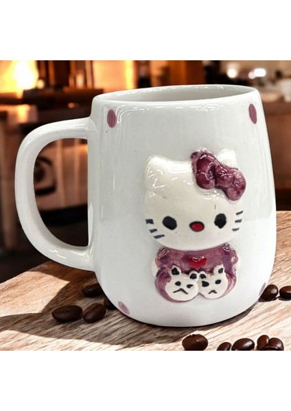 Bonibon Collection Design 3D Kabartma El Emeği Göz Nuru Hello Kitty Seramik Kupa Bardak 400 ml