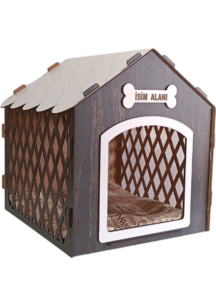 Süper Set Ahşap Desenli Köpek Evi-Kulübesi Minder ve Zincir Tasma Hediyeli (Beyaz-Rebab)