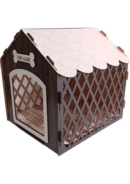 Süper Set Ahşap Desenli Köpek Evi-Kulübesi Minder ve Zincir Tasma Hediyeli (Beyaz-Rebab)