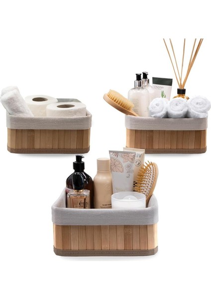 3'lü Bambu Sepet Doğal Astarlı Çok Amaçlı Saklama Kutusu, Pinterest Tarz Dikdörtgen Şekilli Bambu Sepet