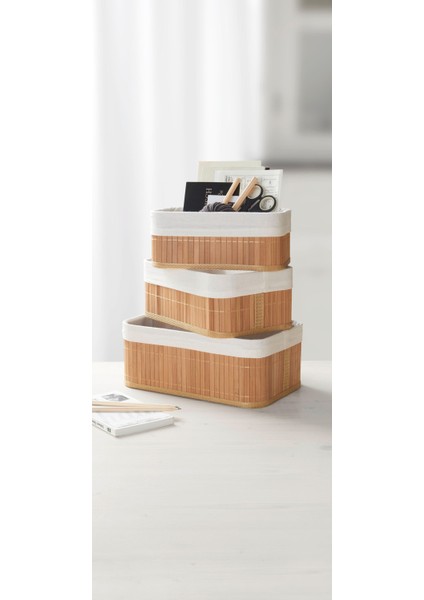 3'lü Bambu Sepet Doğal Astarlı Çok Amaçlı Saklama Kutusu, Pinterest Tarz Dikdörtgen Şekilli Bambu Sepet