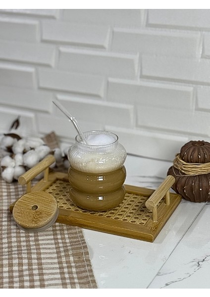 Bambu Kapaklı Pipetli Borosilikat Sunum Bardağı - Kahve Bardağı - Isı Dayanıklı Bardak - 700 ml - Ripple