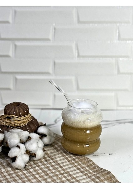Bambu Kapaklı Pipetli Borosilikat Sunum Bardağı - Kahve Bardağı - Isı Dayanıklı Bardak - 700 ml - Ripple